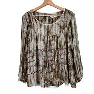 Savanna Jane Embroidered Brown Print Gold Thread Accent Peasant Boho Top Size 2X